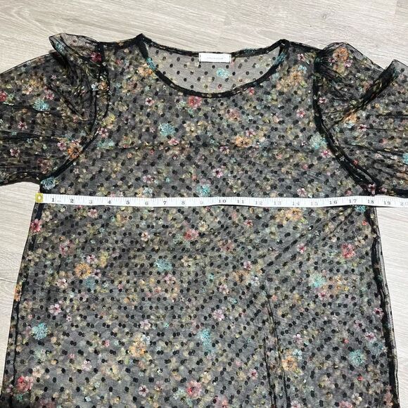 Tiny Willow Sheer Net Puff Sleeve Swiss Dot Floral Blouse Black Women’s S/M - Picture 10 of 14